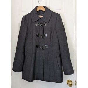 GUESS Wool Blend Pea Coat Womens Large Charcoal Black Full Zip Toggle Buttons